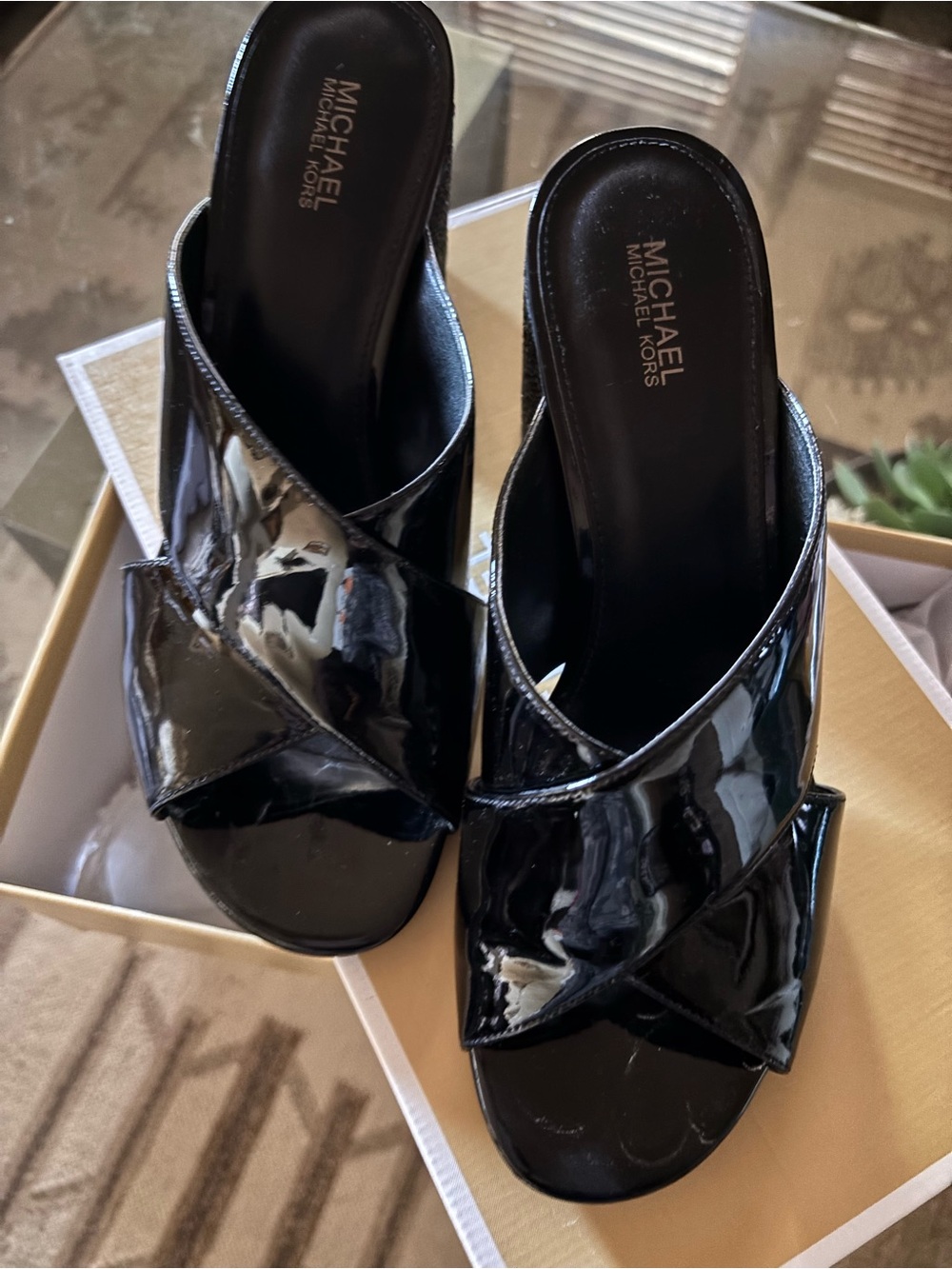 MICHAEL Michael Kors Black Patent Crisscross Slide Mules